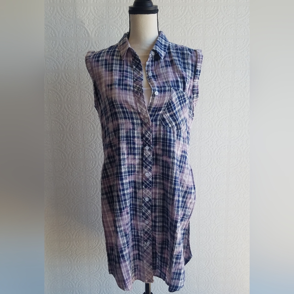 Bleached Plaid Button Down Top